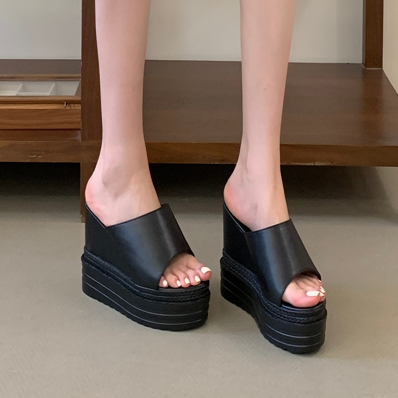Women’s 12cm Wedge Heel Open Toe Slippers Black PU Leather Slide Sandals Summer Plus Size 34-39
