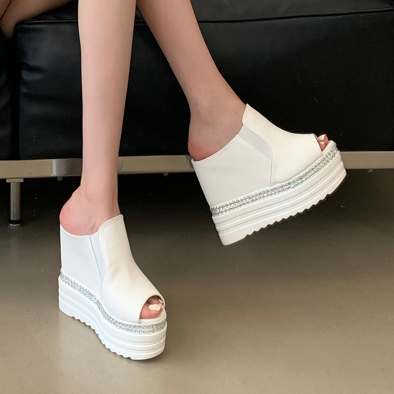 Women’s 12cm Platform Wedge Open Toe Slippers with Rhinestones Summer Slide Sandals 34-39