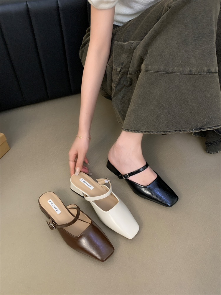 Baotou Half Slippers Women Summer New French Evening Fairy Retro Casual Chunky Heel Square Toe Shoes