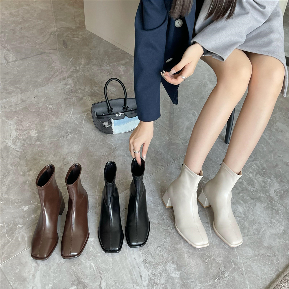 French Style Short Boots Women 2022 Autumn Winter New Square Toe Chunky Heel Slim Ankle Boots Retro Chelsea Boots