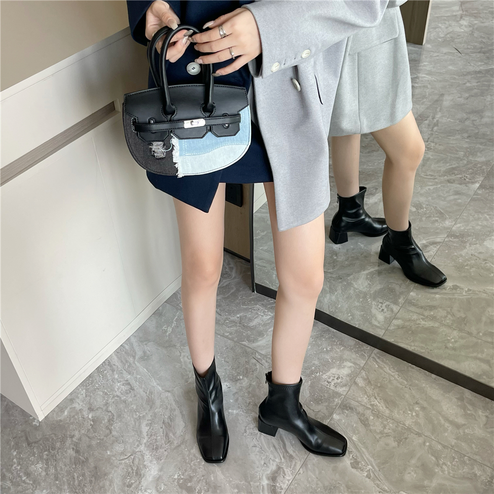 French Style Short Boots Women 2022 Autumn Winter New Square Toe Chunky Heel Slim Ankle Boots Retro Chelsea Boots - Image 4