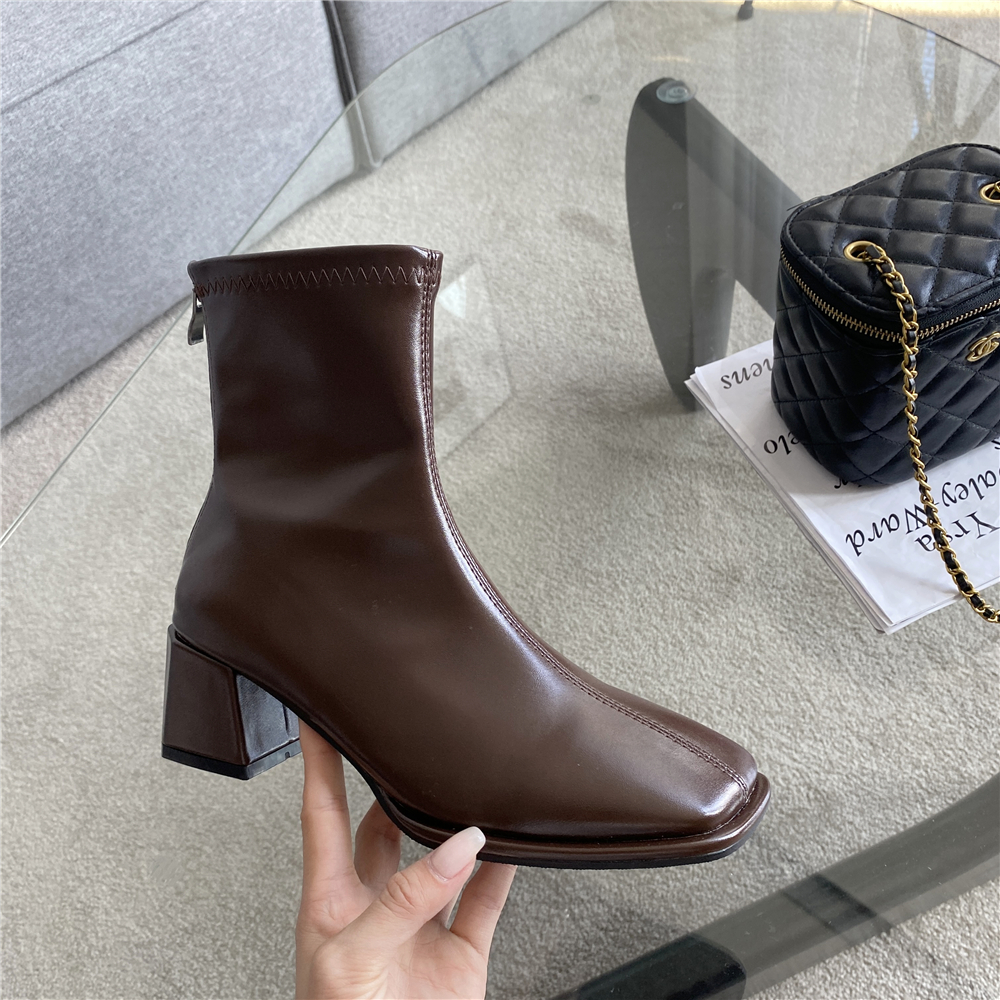 French Style Short Boots Women 2022 Autumn Winter New Square Toe Chunky Heel Slim Ankle Boots Retro Chelsea Boots - Image 5