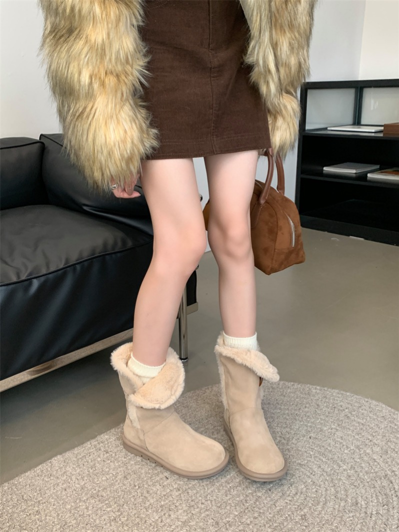 Genuine Leather Brown Snow Boots with Horn Buckle Short Boots Retro Furry Thick Sole Women's Boots Warm Cotton Boots - Image 4