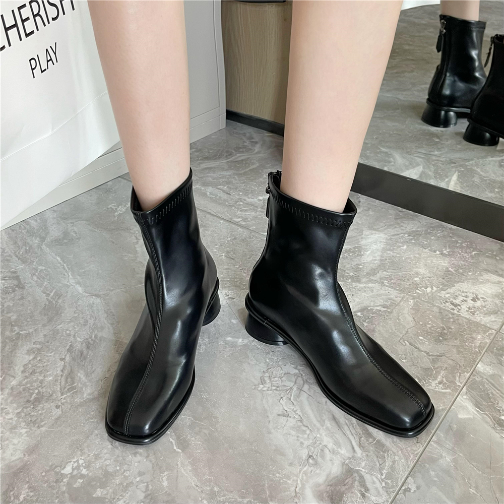 Women's Chunky Sole Martin Boots White Mid Calf Autumn New Korean Dongdaemun Square Toe Back Zipper Black Short Boots - Image 2