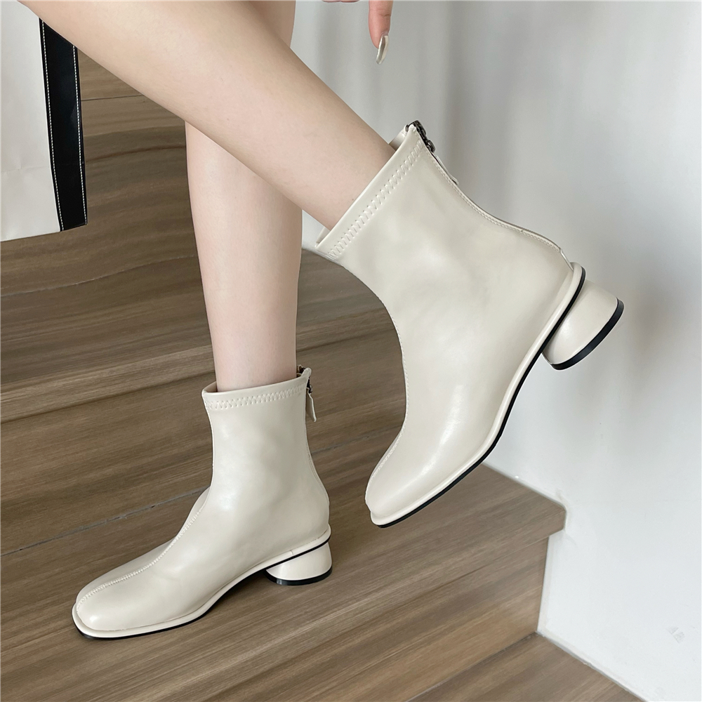Women's Chunky Sole Martin Boots White Mid Calf Autumn New Korean Dongdaemun Square Toe Back Zipper Black Short Boots - Image 3