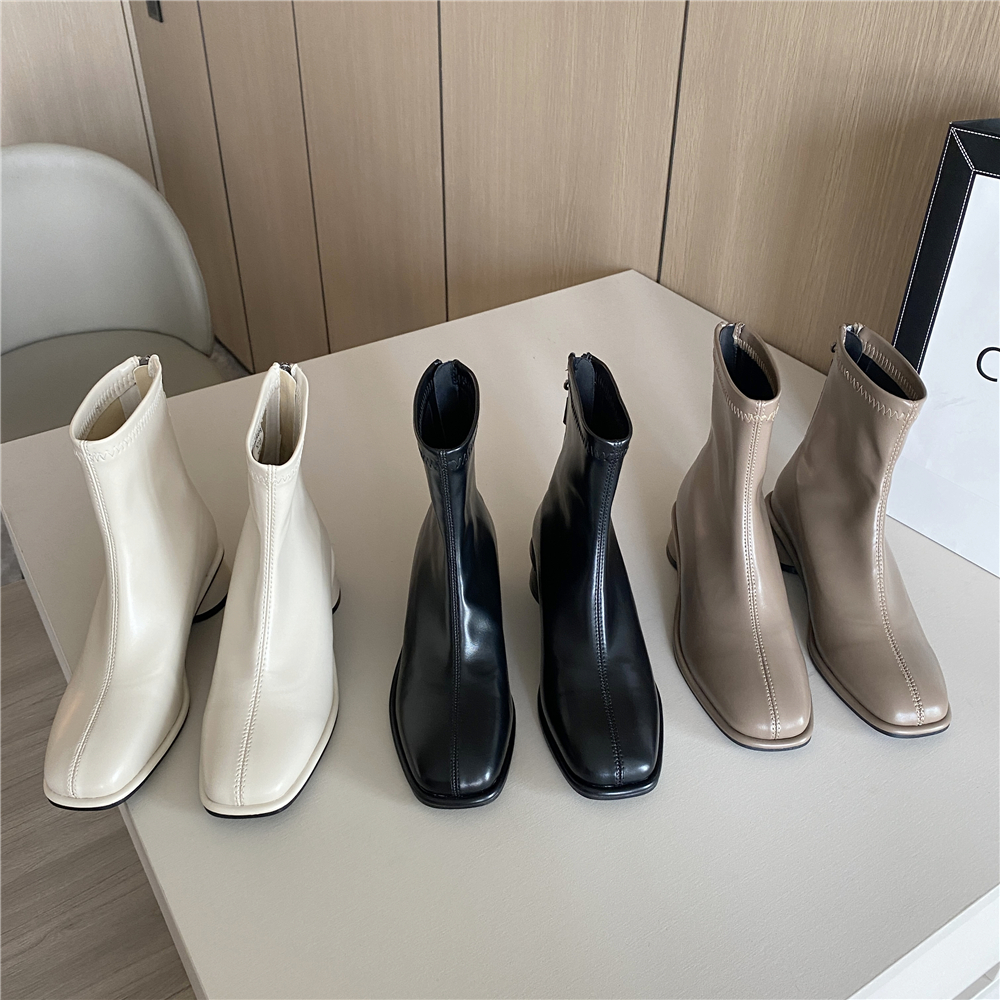 Women's Chunky Sole Martin Boots White Mid Calf Autumn New Korean Dongdaemun Square Toe Back Zipper Black Short Boots - Image 4