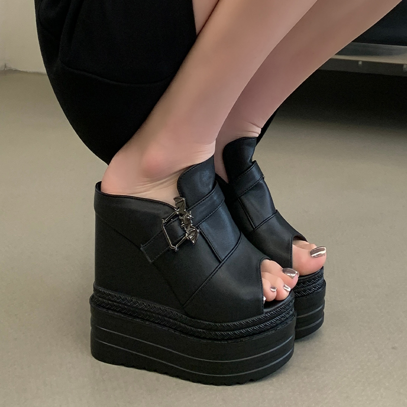 Women's Summer Outdoor Slippers 12cm High Heel Wedge One-Band Open Toe Platform Sandals 34-39