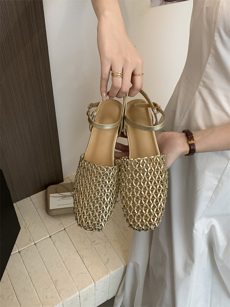 Woven Fishnet Women's Low Heel Closed Toe Slippers 2026 Autumn Summer New One Step Retro Hollow Mules - Image 2